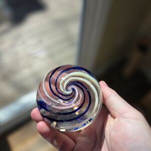 Vintage Blue and Pink Swirl Glass Art Piece Paper Weight With Internal Cracks